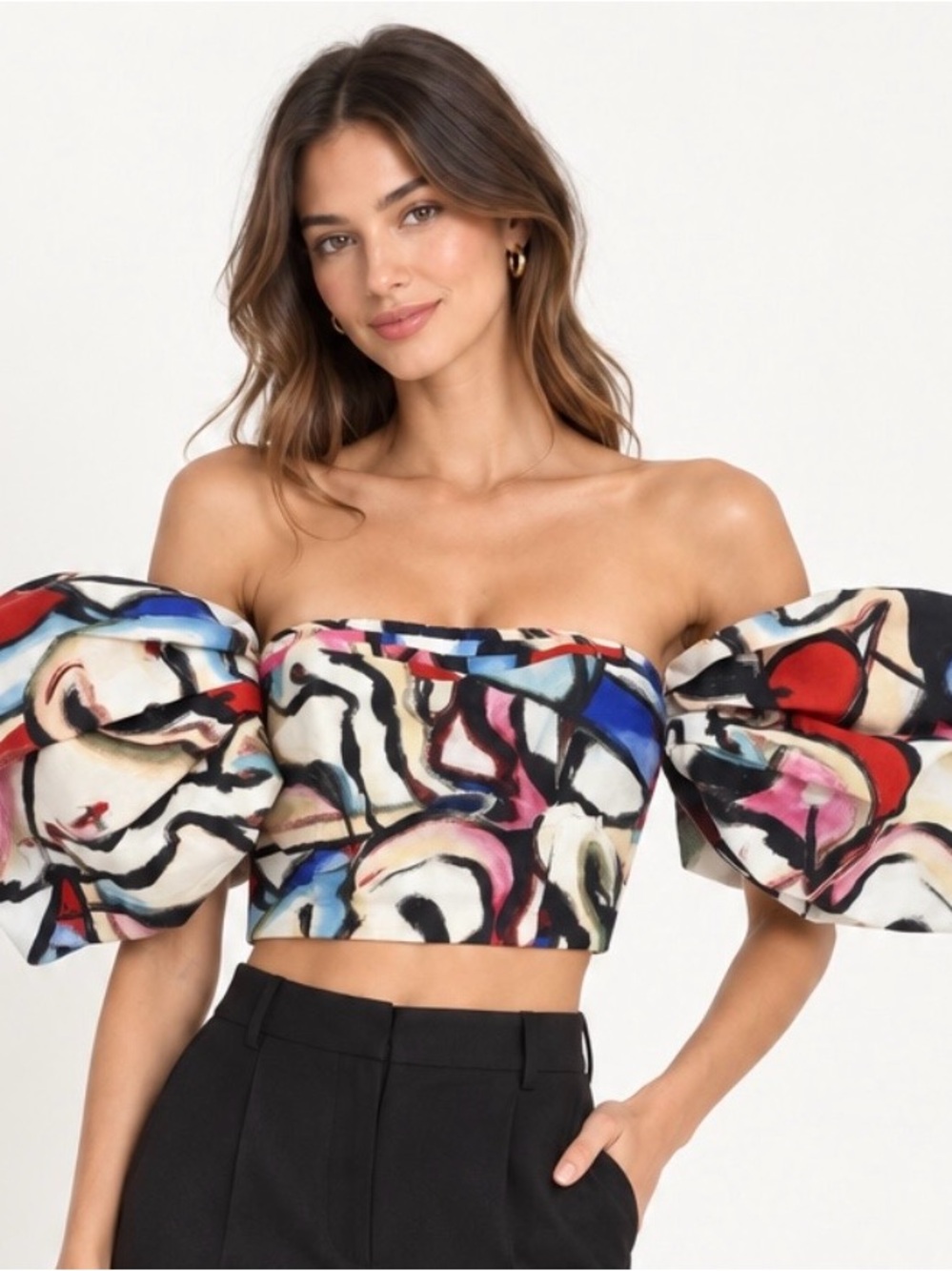 Elliatt Multicolor Abstract Off-Shoulder Puff-Sleeve Crop Top XS Like New